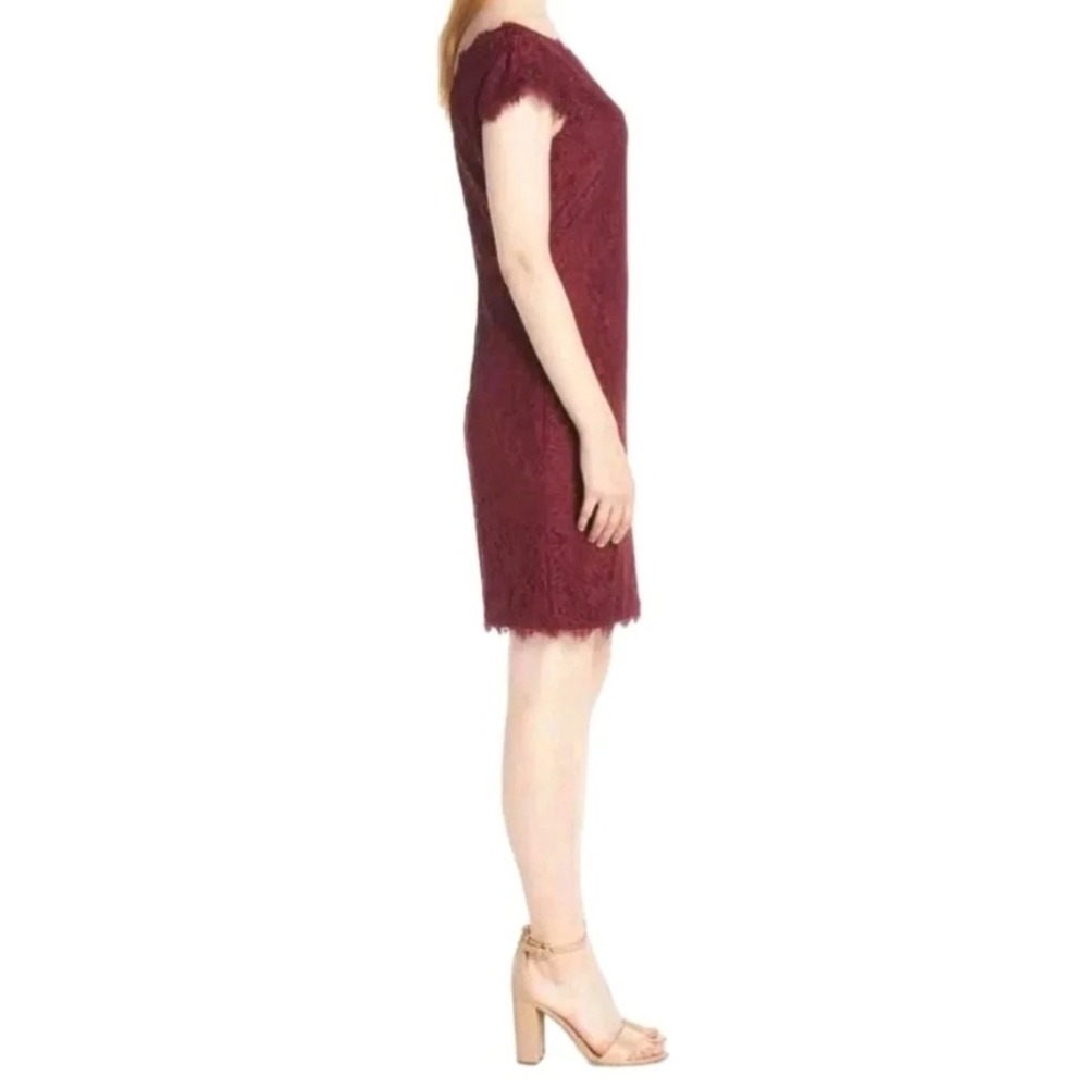 Eliza J Burgundy Lace Sheath Dress Cap Sleeve Scalloped Eyelash Trim Size 12 - Picture 3 of 12